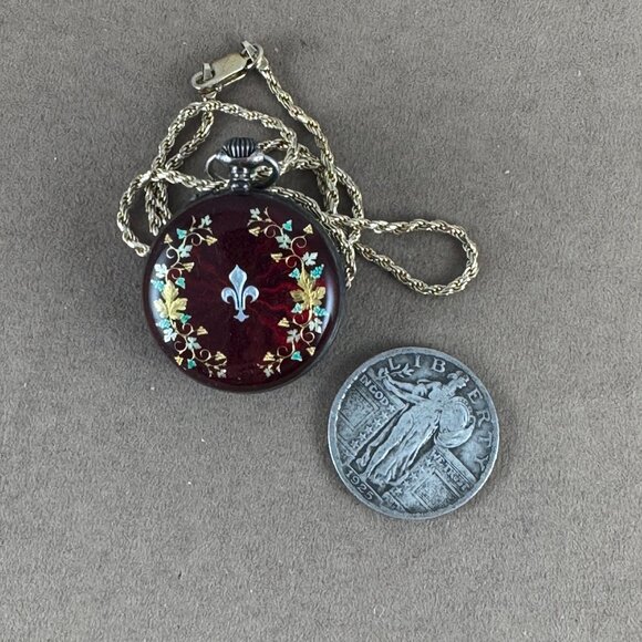 Antique 1906 Swiss Made .935 Silver Ladies Pocket Colorful Floral Enamel Watch - Picture 6 of 8